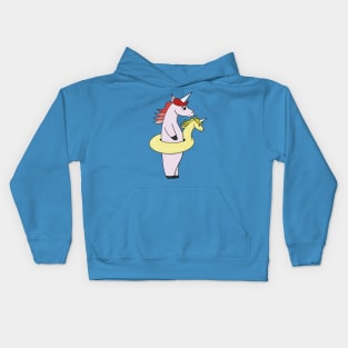 Unicorn using a unicorn-shaped pool float Kids Hoodie